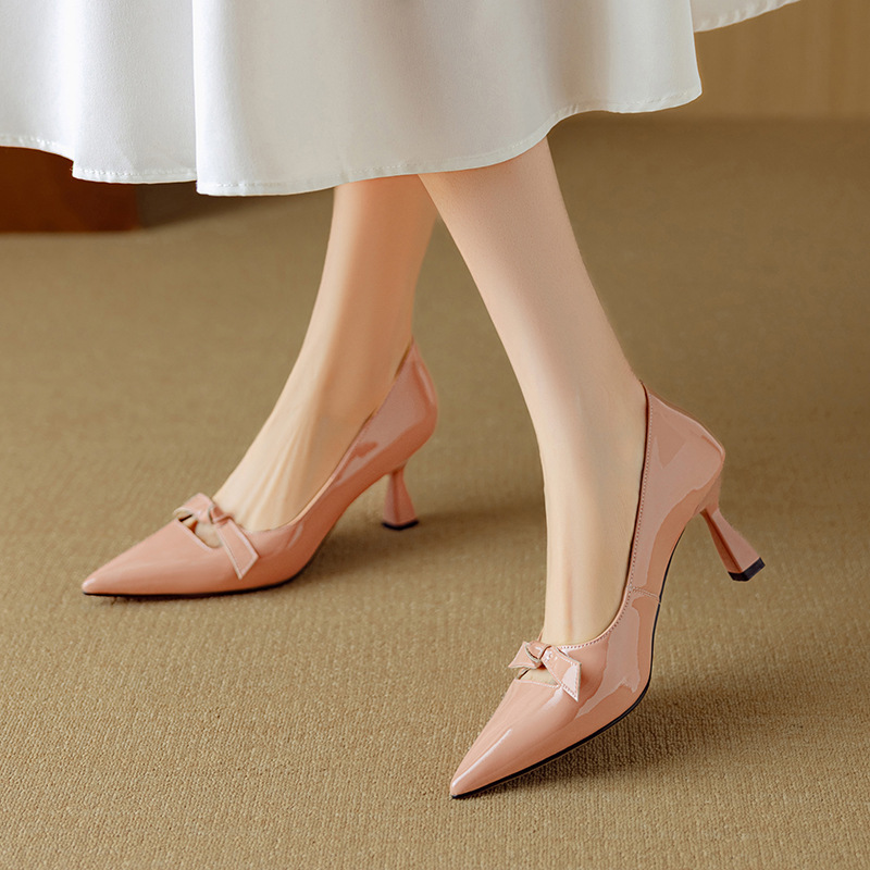 Elegant sexy high heels heels pointed-toe low-cut, french style, Collection Year 2025, genuine leather, suitable with a skirt, work shoes