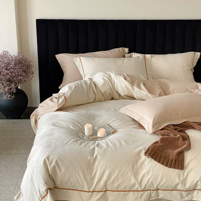 秋冬加厚100支全棉磨毛四件套简约高级感长绒棉提花纯棉被套床单4