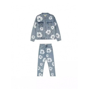 Cross-Border E-Commerce Denim Jacket and Jeans Set for Men with Floral Graffiti High Street All-Season Street Loose Jacket and Straight Pants