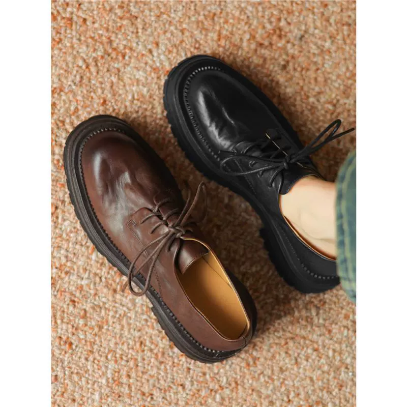 Мойте голову воловьей кожи! Ретро британский стиль маленькие кожаные туфли женские шнурки на большой подошве Оксфордские туфли мягкие кожаные туфли