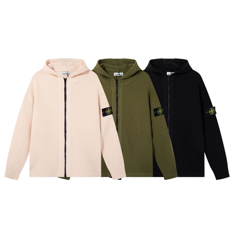 2025Stoneslan Stone Island Zipper Open Chest Stand Collar Knitted Sweater Versatile Simple Genderless Style for Men and Women