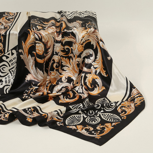 Women's Hot Selling Floral Scarf, Roman Black Gold Thread Silk Chiffon Scarf, Simulated Silk Color Gauze Sunshade Shawl and Head Scarf