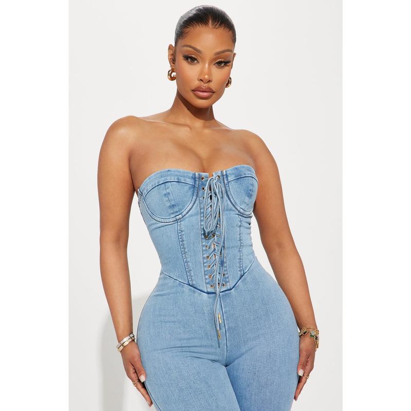 ⑧B 7417472 Dropshipping Aliexpress Cross-Border New Body-Shaping Jumpsuit Light-Colored Washed Denim