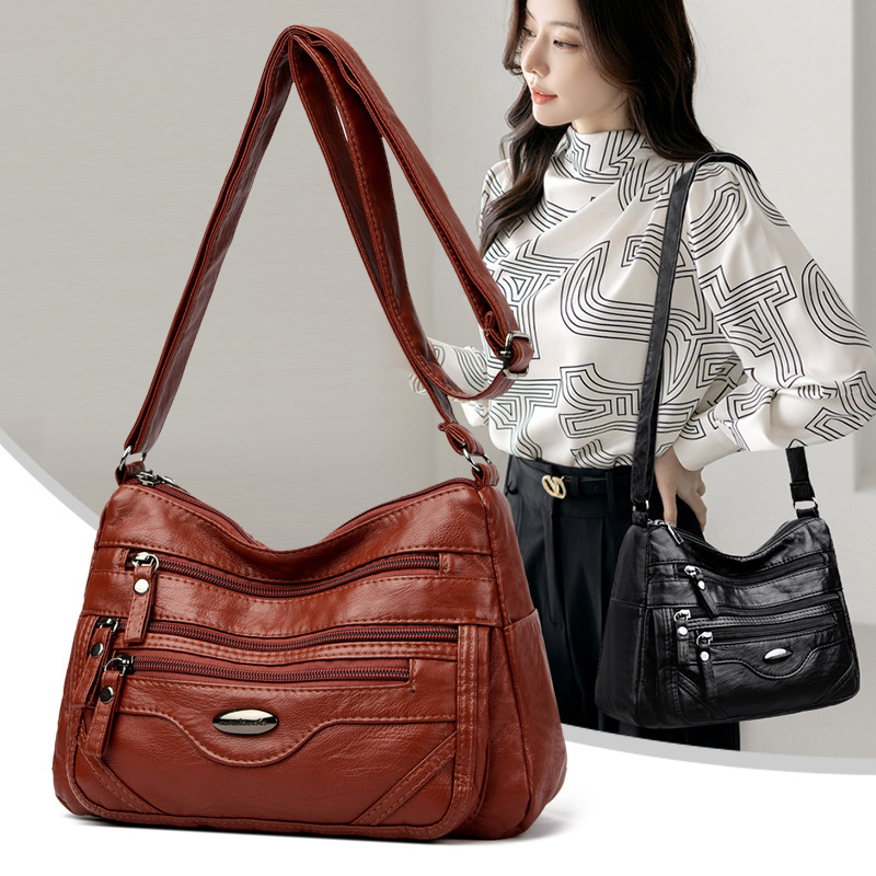 New Crossbody Bag Fashionable Shoulder Bag All-match Fashionable Multi-layer Middle-aged Women's Bag Soft Washed pu Leather Mother Bag