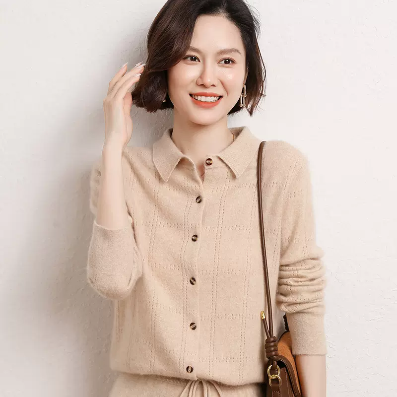 2024秋冬新款纯色羊绒开衫衬衣简约女宽松休闲POLO领针织羊绒外套
