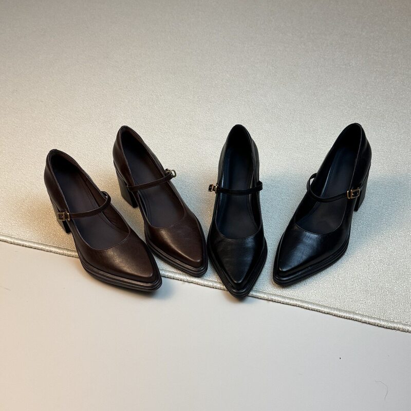 7cm Silent Chunky High Heel Pointed Toe Mary Jane Shoes with Shallow Strap, New Versatile Style with Buckle Strap, Suitable for Pairing with Dresses 7cm Silent Chunky High Heel Pointed Toe Mary Jane Shoes with Shallow Strap, New Versatile Style with Buckle Strap, Suitable for Pairing with Dresses