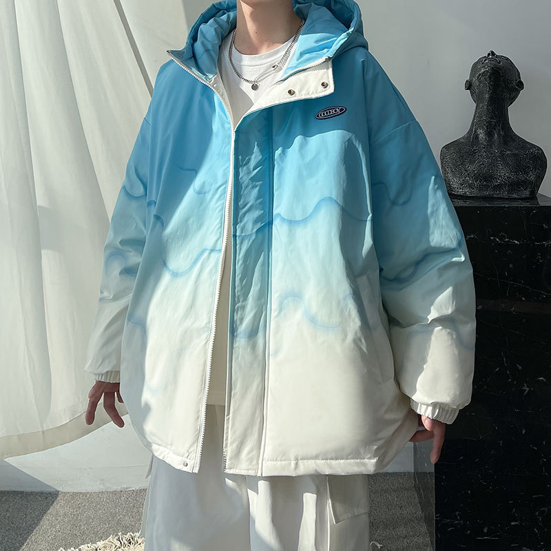 冬季加厚设计感个性ins渐变色棉服男潮牌美式oversize棉上衣外套