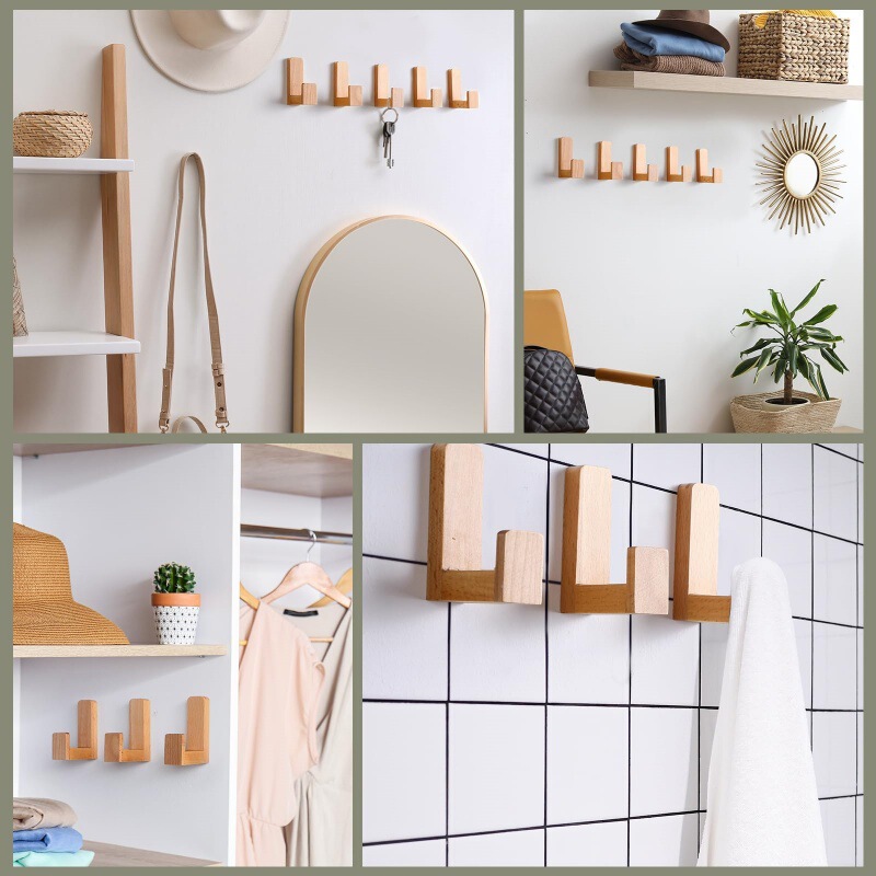 Cross-Border Wooden Wall Hooks Kidsren's Coat and Hat Wall Hooks Decorative Sticky Wood Color Scandinavian Style Wall-Mounted Hooks