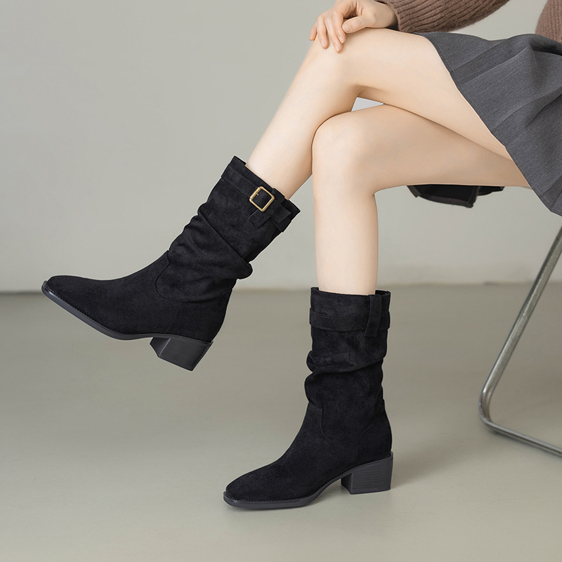 Comercio exterior transfronterizo nuevos zapatos de mujer botas de vaquero botas de talón grueso cinturón de hebilla plegable botas de pila de barril corto ocio versátil mujer