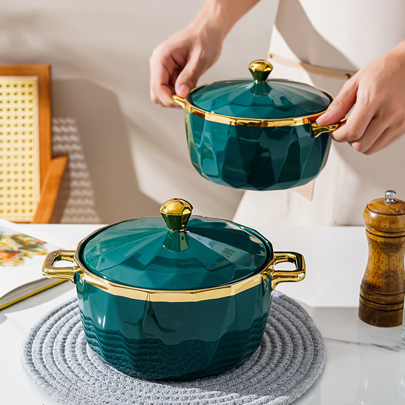 Luz de lujo Esmeralda borde dorado hogar tazón de sopa de cerámica personalidad creativa instantánea fideos tazón con tapa Internet celebridad vajilla doble oído tazón