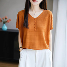 天丝莱赛尔V领针织衫短袖T恤女2025年夏季新款纯色宽松套头打底衫