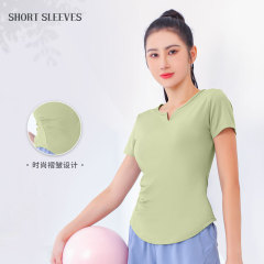Peach heart V-neck slimming short-sleeve fashionable belted pleated sports workout top women's yoga attire