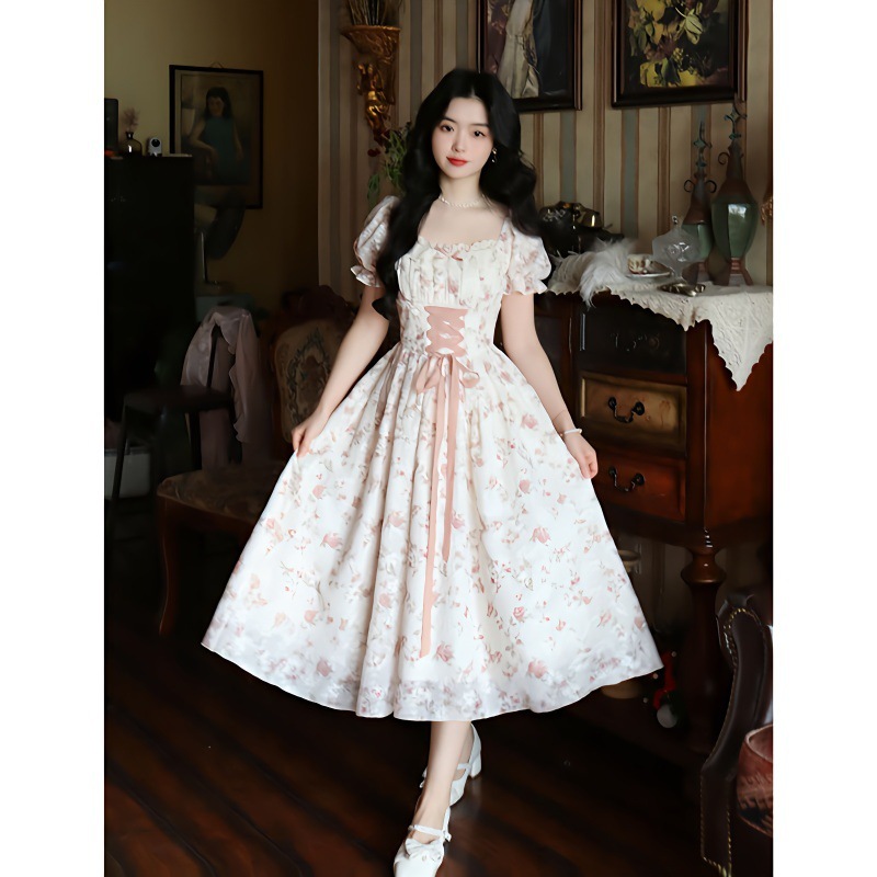 镜花莫婉夏季法式蝴蝶结系带方领碎花显瘦连衣中长森系初恋裙
