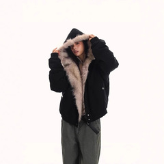 秋冬の新型アメリカの座山彫刻の毛襟とベルベットの厚い綿服ジャケット男女冬の工装カップルコート