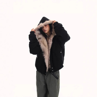 Autumn and winter new American-style mountain carving fur collar fleece-lined thickened cotton-padded jacket men's and women's winter overalls couple's coat
