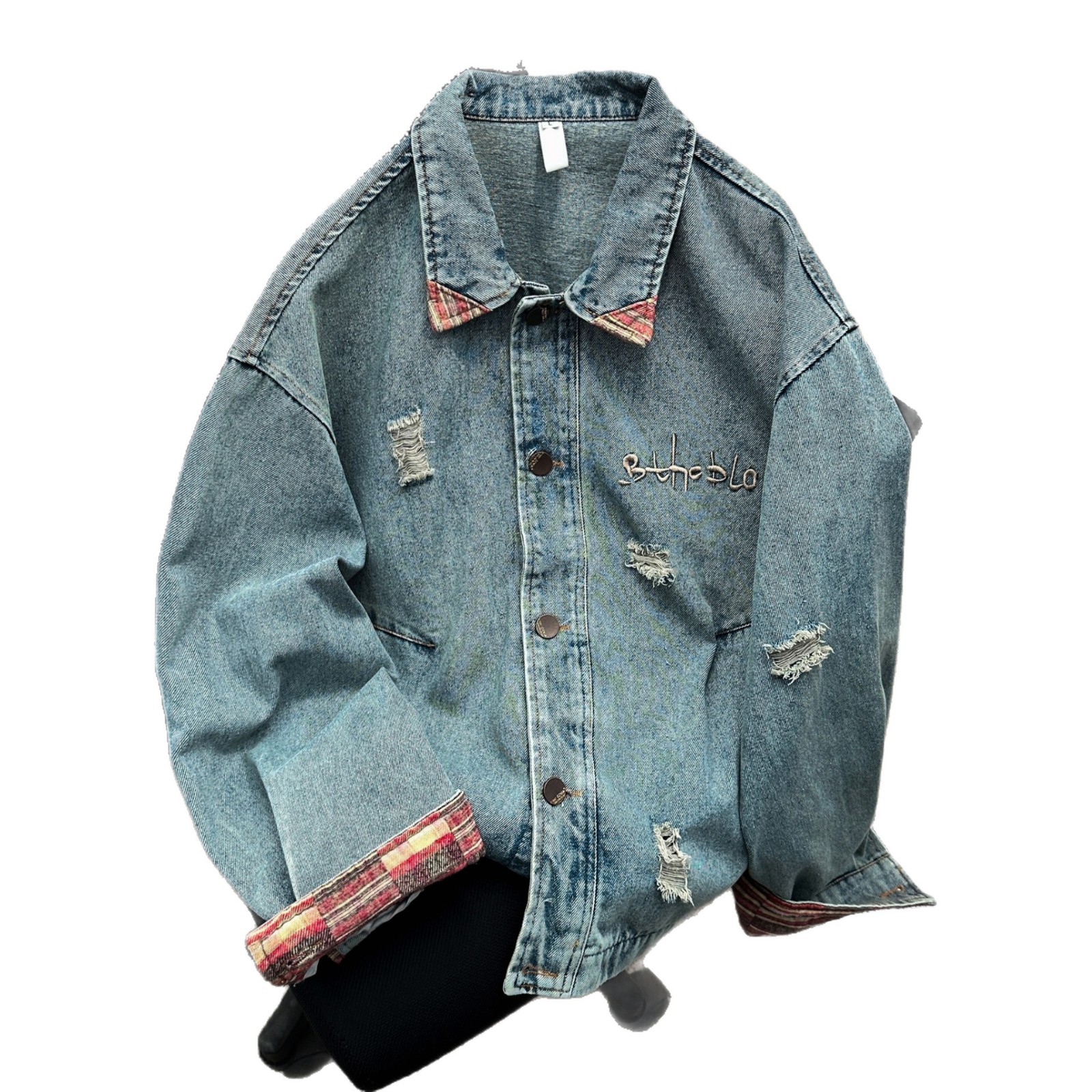 Retro Washed Distressed Embroidered Denim Jacket Men's Trendy Brand Loose Patchwork Jacket_voghion.com
