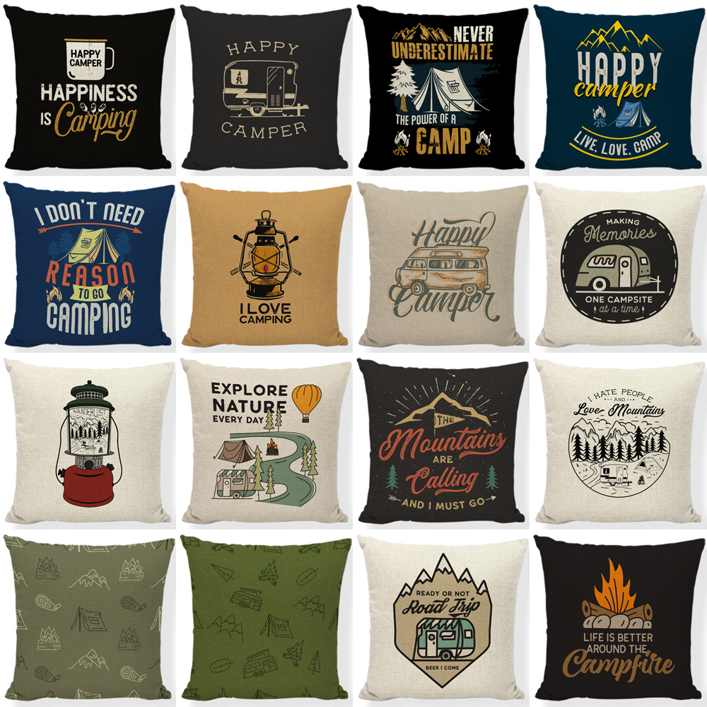 Happy Camping Cushion Cover Printed Linen Cushion Cover Car Safety Seat Room Sofa Decorative Cushion Cover