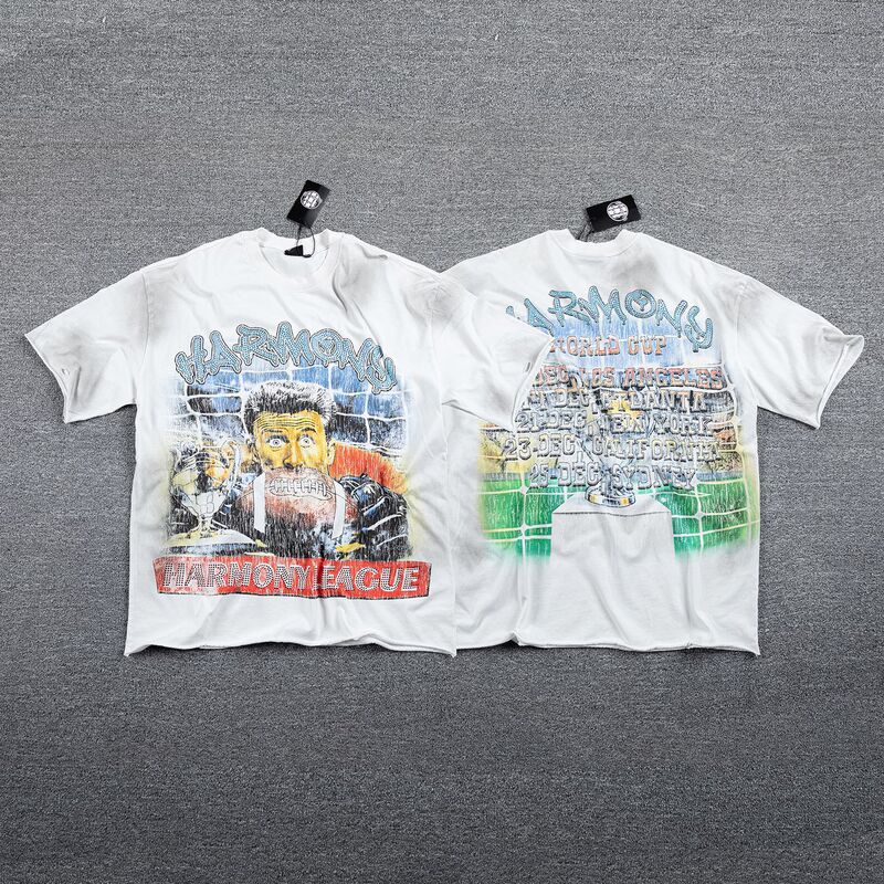 American High Street Style Harmony Football Champion Short-Sleeve Off-White Washed Vintage Heavy-Duty Rhinestone T-Shirt Unisex