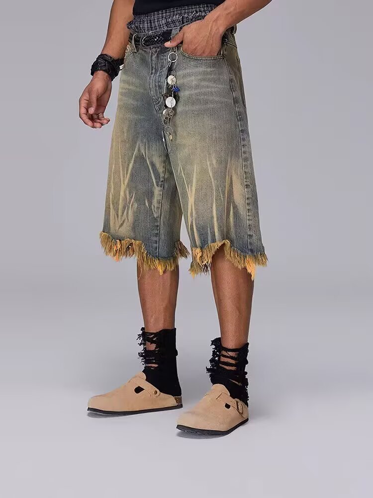 Men's And Women's Trendy Brand Dyed Yellow Mud Washed Distressed Denim Shorts Loose Five Point Style_mkmklike.com