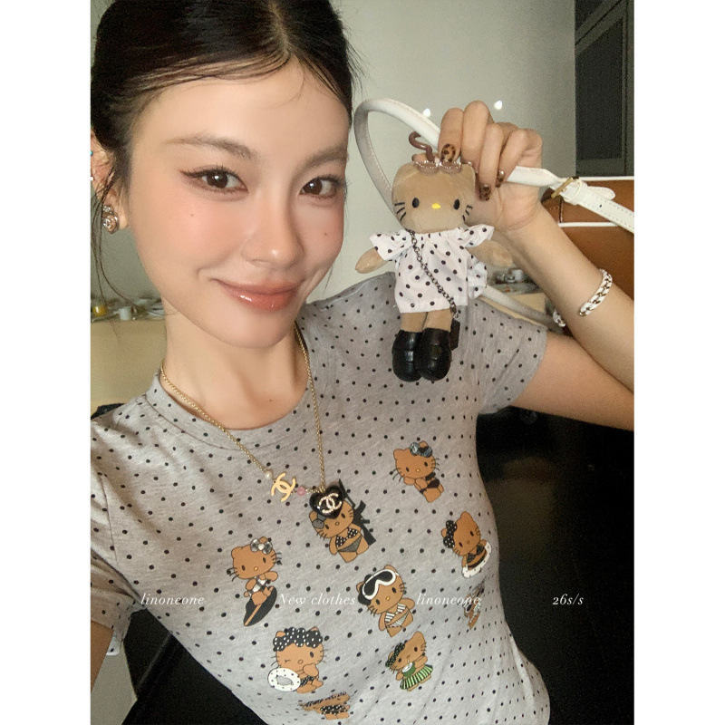 In-Stock 260g Rayon Design-Inspired Summer Vacation Surfing Cute Kitty Style Polka Dot Slim Fit Stretchy Regular Shoulder Short Top