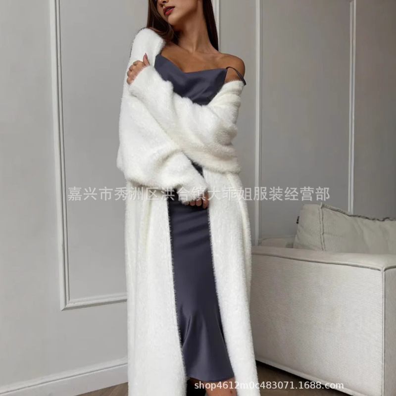 Cross-border imitation mink velvet white sweater cardigan coat coat women's autumn and winter loose plush fluffy long cardigan