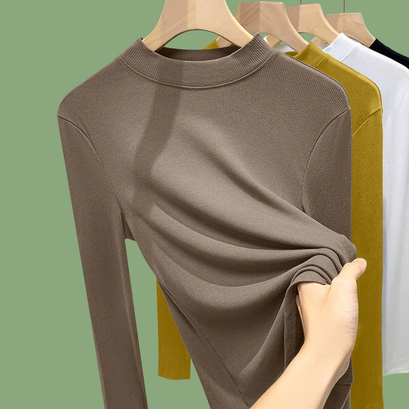 Футболка с длинными рукавами с резьбой нижняя рубашка женская 2024 весна и осень досуг большой размер мама одежда среднего воротника сплошной цвет универсальный топ женский