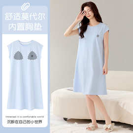 【带胸垫】夏季新款简约女短袖睡裙甜美休闲女家居服图片色圆领女