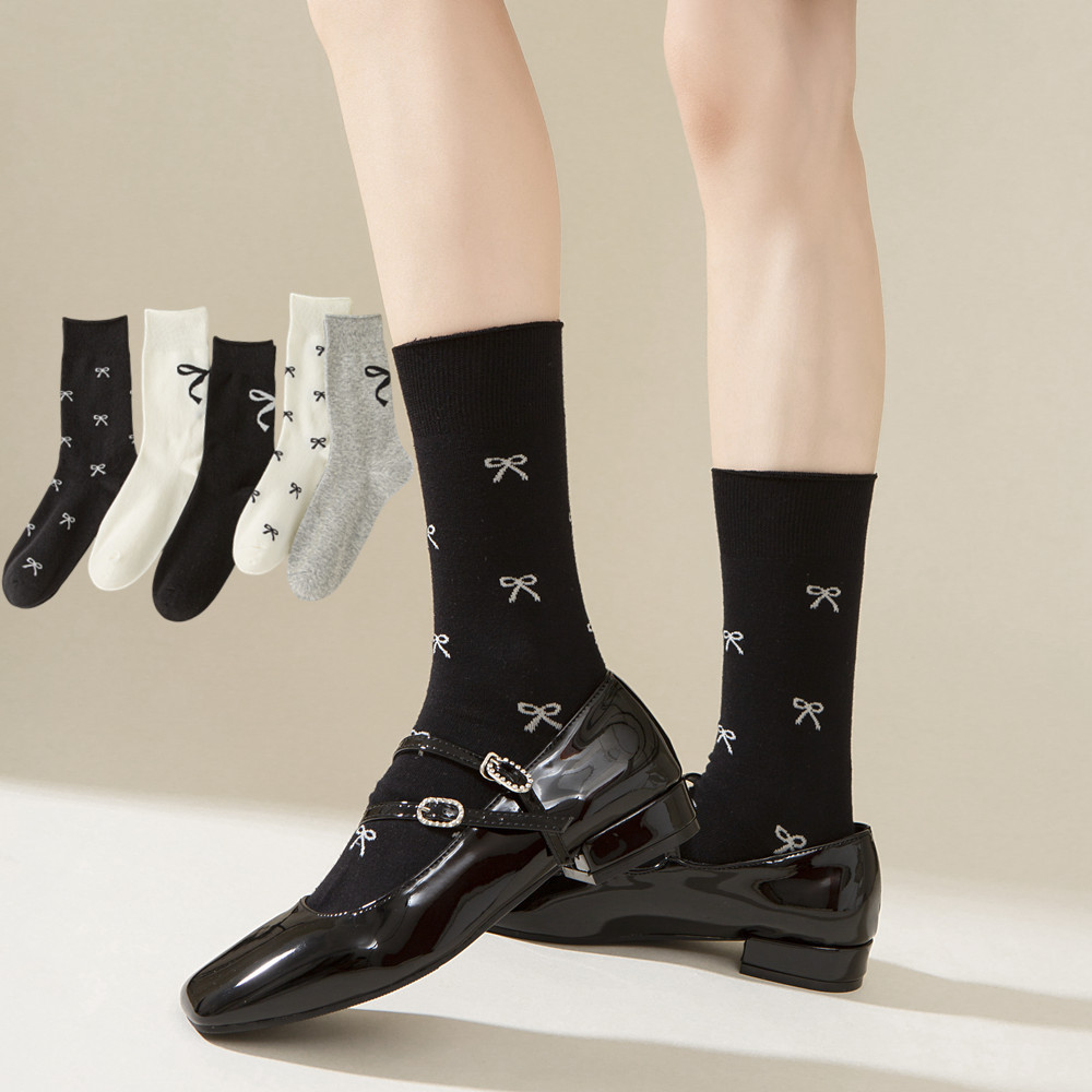 Calzini con fiocco, calzini da donna, calzini tubolari, jacquard, Corea del Sud, personalizzati, autunnali e invernali, versatili, assorbenti del sudore, carini, calzini in cotone bianco e nero_voghion.com