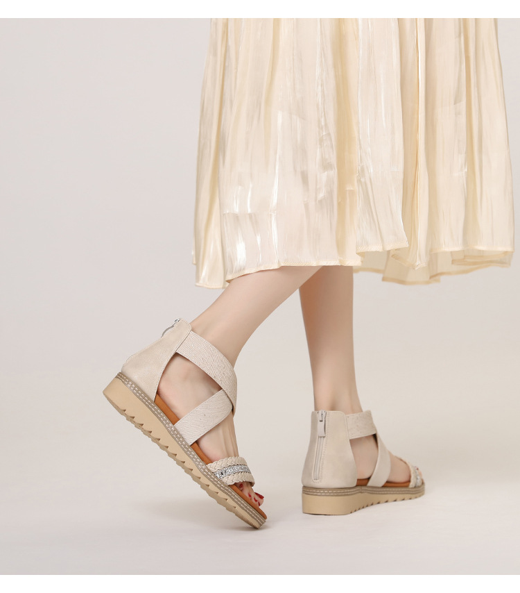 Rhinestone Woven Wedge For Women Summer New Bohemian Open-Toe Platform Roman Sandals_vogvips.com