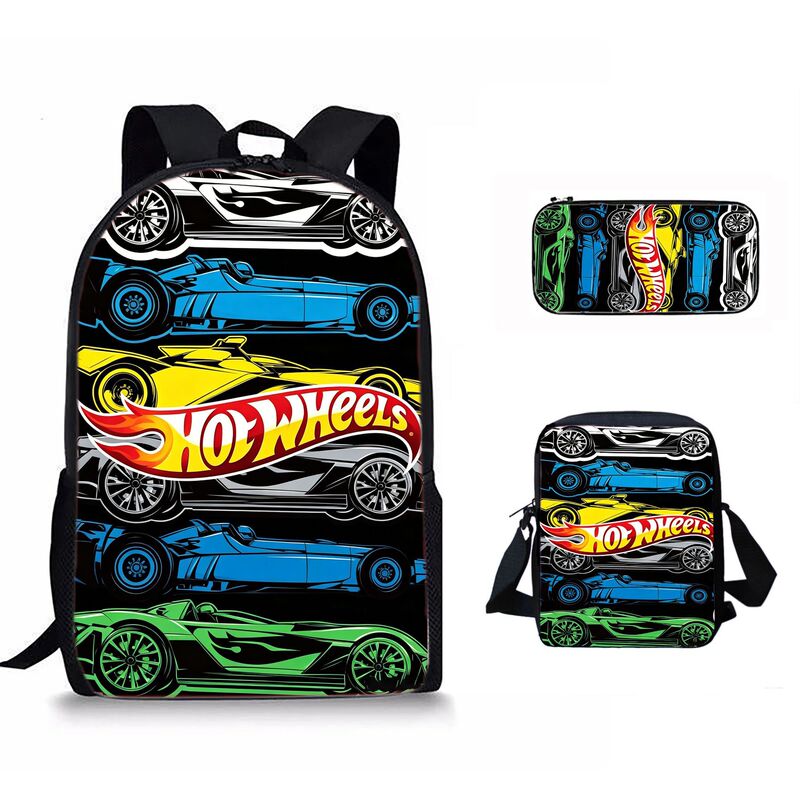 Cross-Border Hot-Selling Hot Wheels Cartoon Children's School Bag, Shoulder Bag, Pencil Case Three-Piece Set, Large-Capacity Backpack for Primary School Students