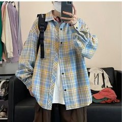 气质美式复古长袖衬衫春季新款休闲潮牌格子宽松百搭衬衣外套男女