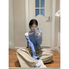 めっちゃきれい!!! 【リボン付きのシャツ】純欲風ギャル斜め肩長袖tシャツ女性インスタ痩せ独特上着