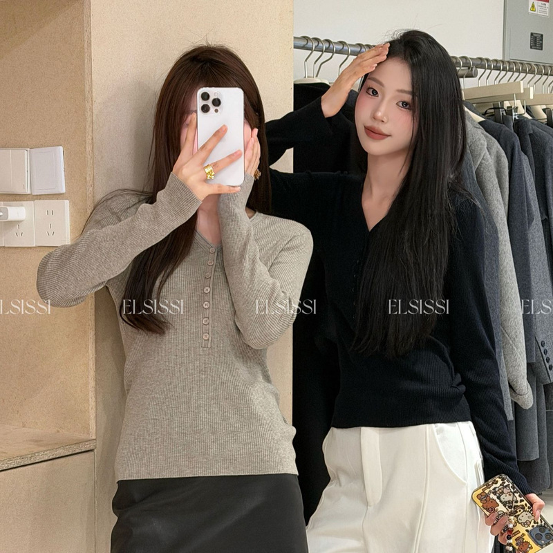 Elsissi Wool Blend Knit Sweater V-Neck Buttoned Slim Fit Top Women's Inner Layer Base Shirt Red Sweater Women's Winter