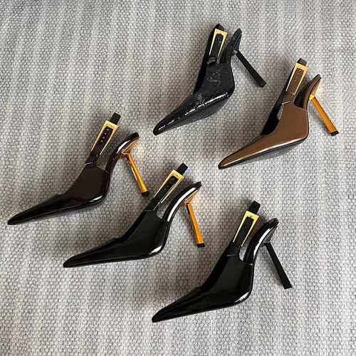 2024 Spring New Baotou Flat Sandals with High Heels, Slim Heel, Pointed Toe, Backless, Open Toe, Polished Leather, Shiny Surface for Women