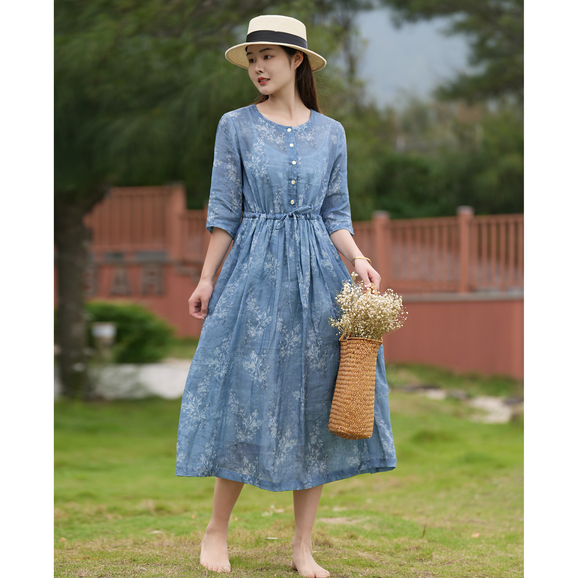 2023年夏季新款苎麻连衣裙女文艺休闲收腰中长款棉麻女裙厂家批发