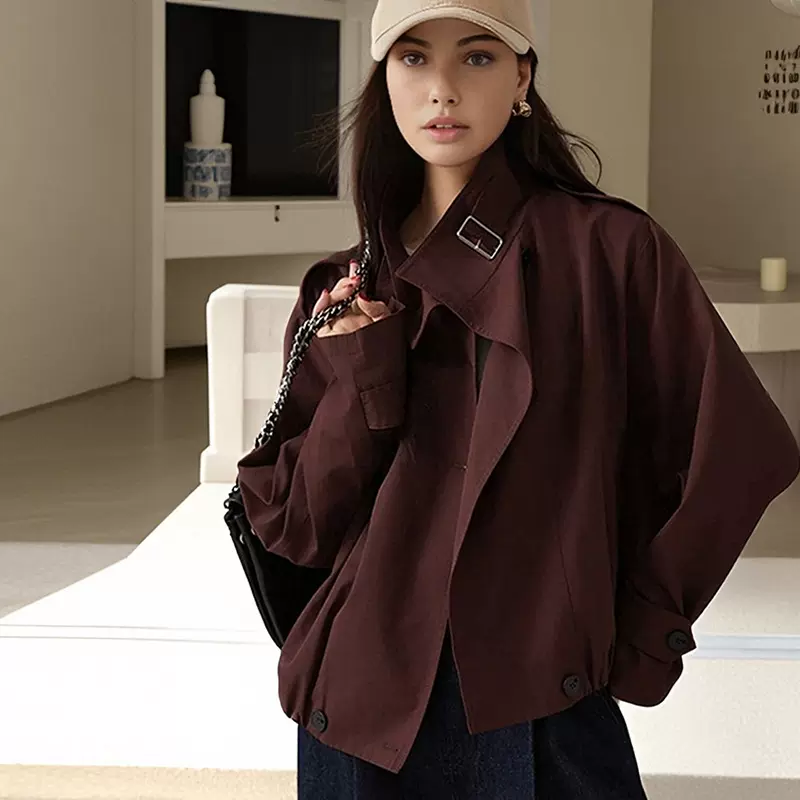 跨境短款风衣女夏季英伦风宽松休闲廓形立领气质小个子外套