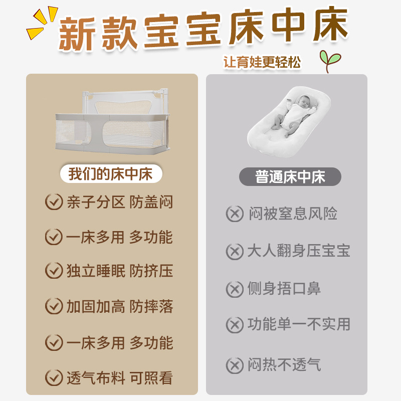 Cama de cuna a prueba de presión de apartamento pequeño, cama media, cerca de bebé recién nacido, valla protectora, cama de bebé móvil T plegable