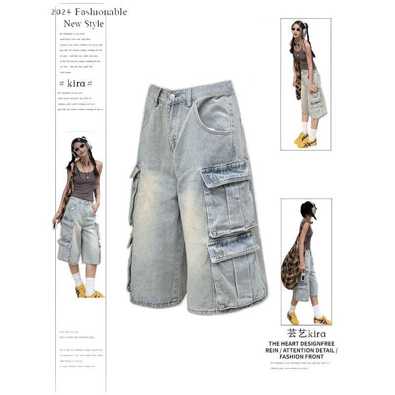 American-style Vibe Multi-pocket Washed Cropped Denim Crowd Pants Women's Niche Loose Slimming Wide-leg Casual Short Pants