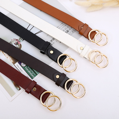 Korean Trendy Double Round Buckle Black PU Jeans Belt for Students - Versatile Jeans Belt for Women, Simple and Elegant