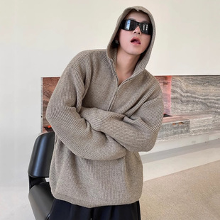 Arctic Velvet American High Street Hooded Half Zip Sweater for Men and Women Couple Design Sense Loose Fashion Brand Style Knitted Hoodie
