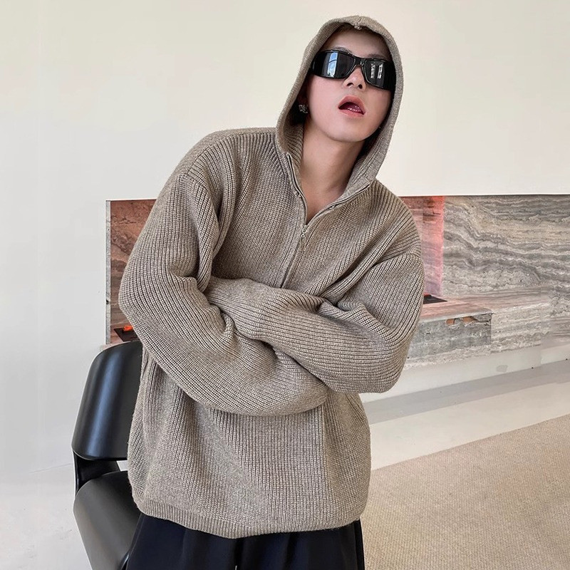 Arctic Velvet American High Street Hooded Half Zip Sweater for Men and Women Couple Design Sense Loose Fashion Brand Style Knitted Hoodie