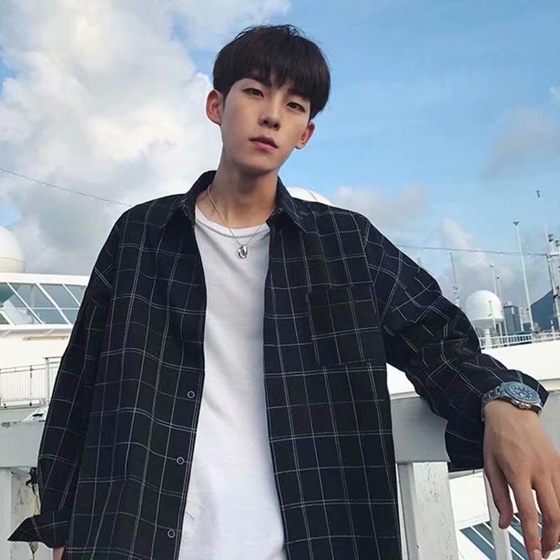 2024 Spring and Summer Men's Long-sleeved Plaid Shirt Hong Kong Style Ins Youth Loose Casual All-match Shirt Jacket