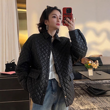 2025新款黑色绵羊皮衬衫领加棉菱形格中长款阔版宽松外套女