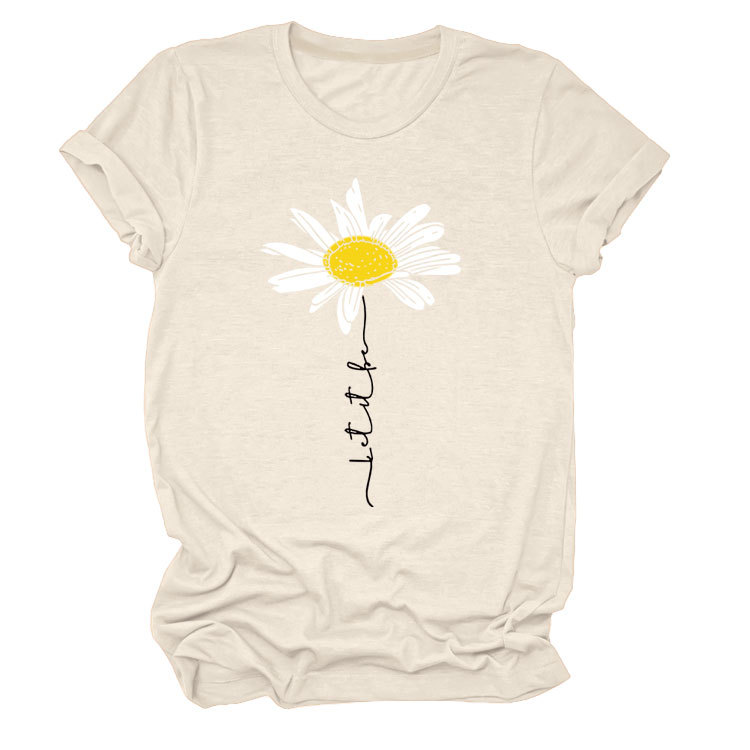 LET IT BE DAISY carta casual manga corta Amazon europeo y americano de las mujeres Top cuello redondo Camiseta suelta