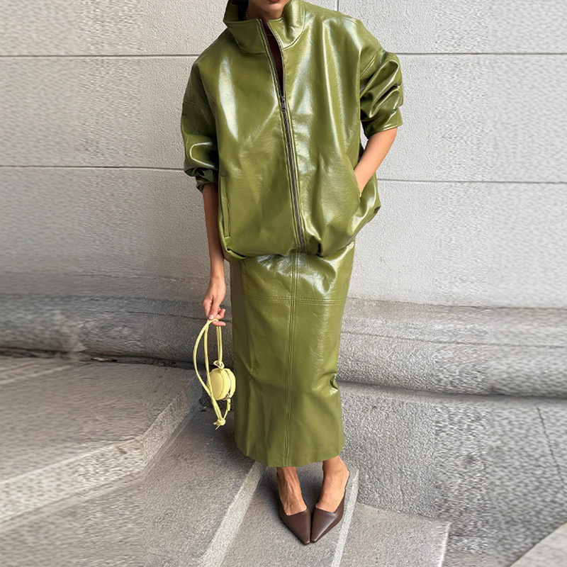 2025 Autumn and Winter Women's Clothing Cross-Border Amazon Popular Solid Color Temperament Stand Collar Pu Leather Jacket Jacket and Skirt Suit