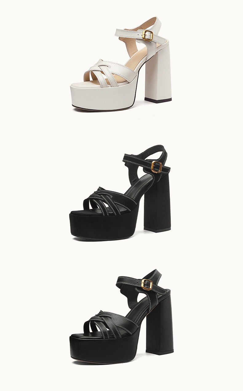 Sandal cao gót nữ mũi hở đế xuồng gót vuông 9 cm – da bò thật — Da bò trắng kem, Da bò đen nhám, Da bò đen chi tiết 9