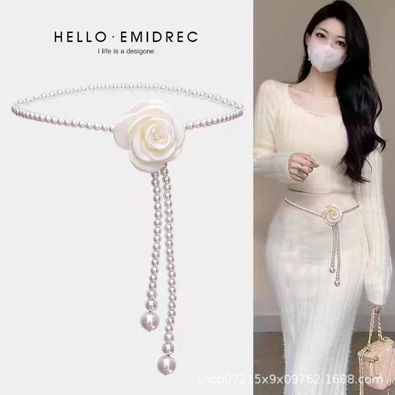 동백 진주 향기로운 스타일 허리 체인 흑백 꽃 올 매치 벨트 원피스 셔츠 벨트 허리 체인 장식
