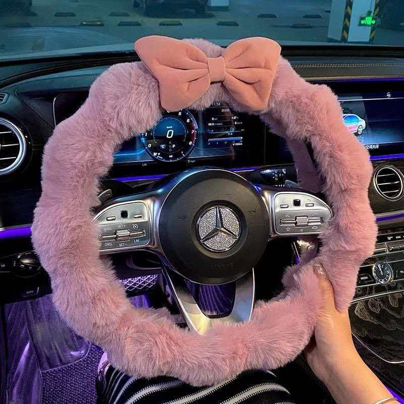 New Car Steering Wheel Cover 38cm Autumn and Winter Plush Winter Fleece Women's High-End Cute Bowknot