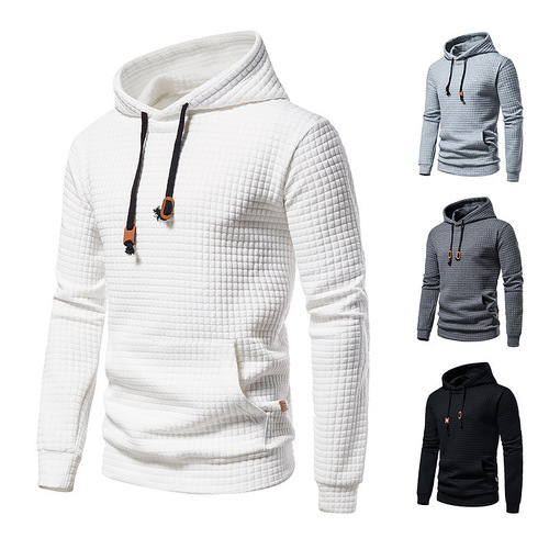 Amazon Grid Quilted Cotton Fabric Exports European Size Checkered Men's Casual Hooded Crew Neck Embroidered Large Size Long Sleeve Sweatshirt