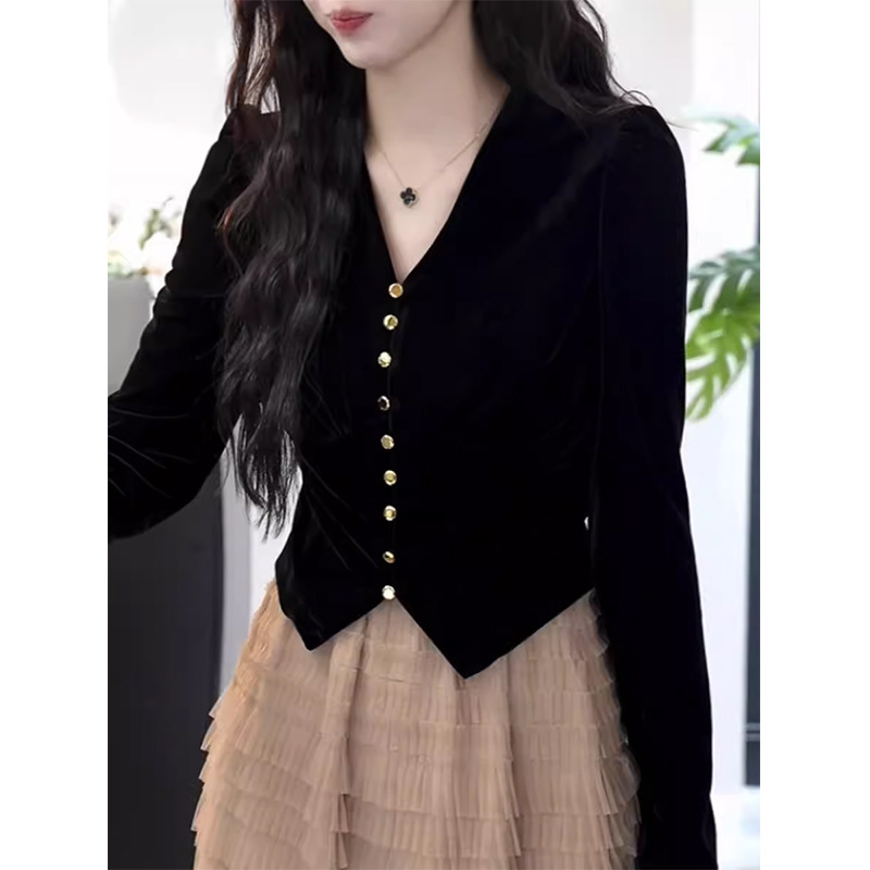 French V-neck black velvet shirt women's autumn new plus size slim slim-fit elegant long-sleeved top